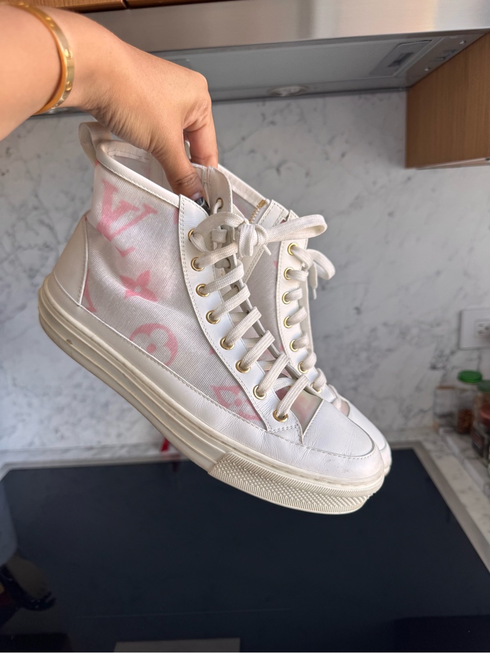 Louis Vuitton White Stella High-Top Mesh Sneakers with Pink Monogram Accents